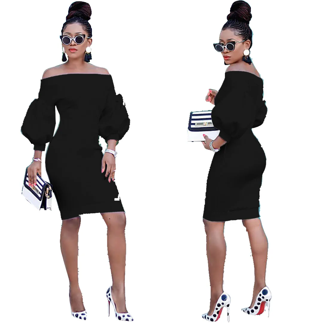 

New 2019 spring women sexy off shoulder lantern sleeve slash neck knee-length midi 3 colors R6129