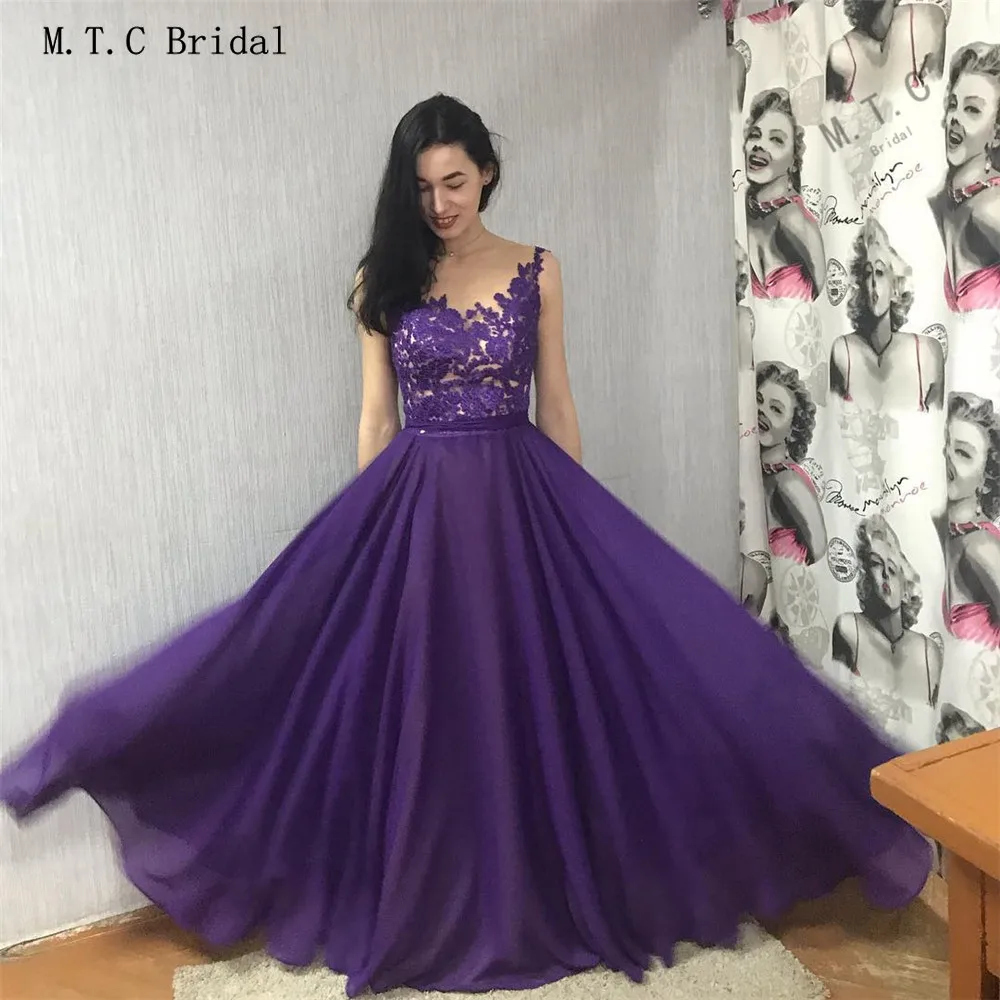 

Long Graceful Purple Prom Dresses 2019 A Line Floor Length Elegant Illusion Chiffon Evening Gowns High Quality Women Party Dress
