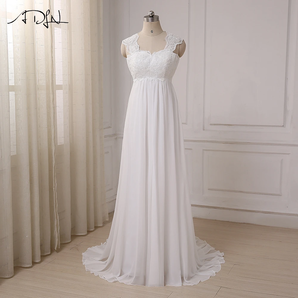 Kopen ADLN 2019 In Voorraad Chiffon Strand Trouwjurken Vestido De Noiva Cap Sleeve Rijk Lace up Back Zwangere Bridal jurk