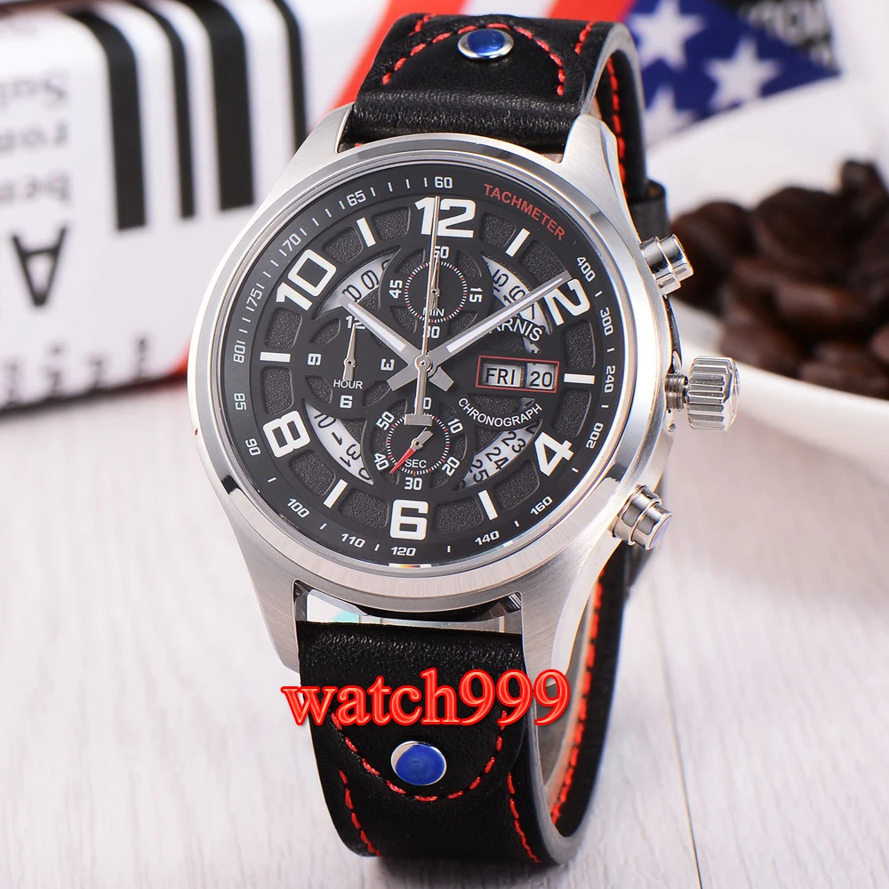 

43mm Parnis mens watch black dial date complete chronograph quartz men's watch leather belt