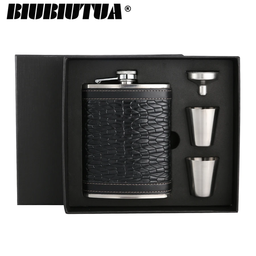 

BIUBIUTUA Personalized Alcohol Flask 8oz Black Fluted Leather Stainless Steel Portable Hip Flask Best Valentine's Day Gift Set