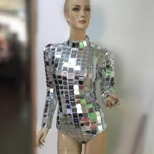 Блестящий зеркальный светильник, Цельный боди для женщин, сексуальный Серебряный Женский певец, DJ DS, танцевальный сценический костюм, наряд для шоу, одежда, платье