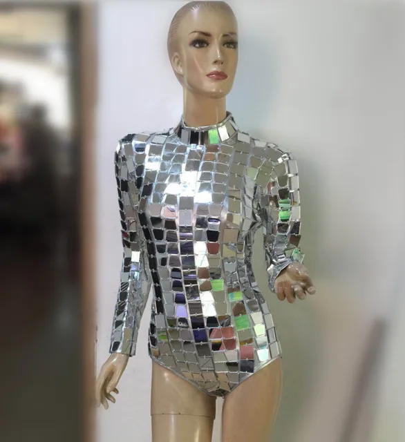 Sequin Mirror Light One Piece Bodysuit Women Sexy Silver