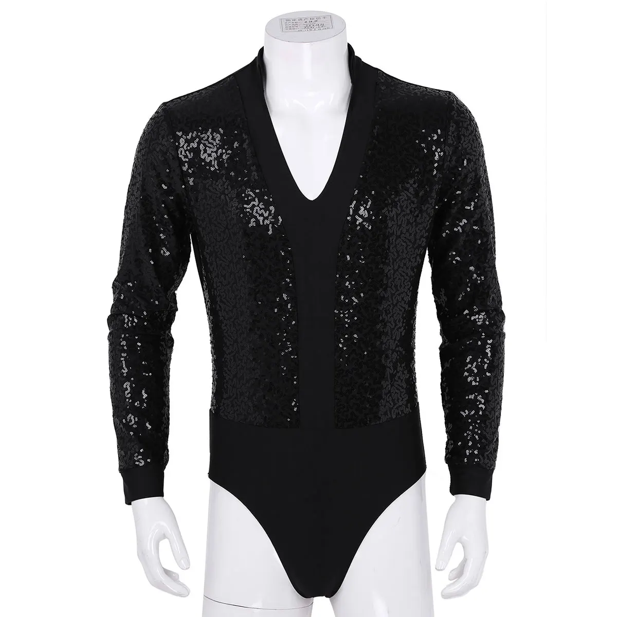 Men Leotard Ballet Bodysuit One piece Shiny Sequins V Neck Long Sleeves High Cut Dance Shirt Short Unitards Leotard Bodysuit