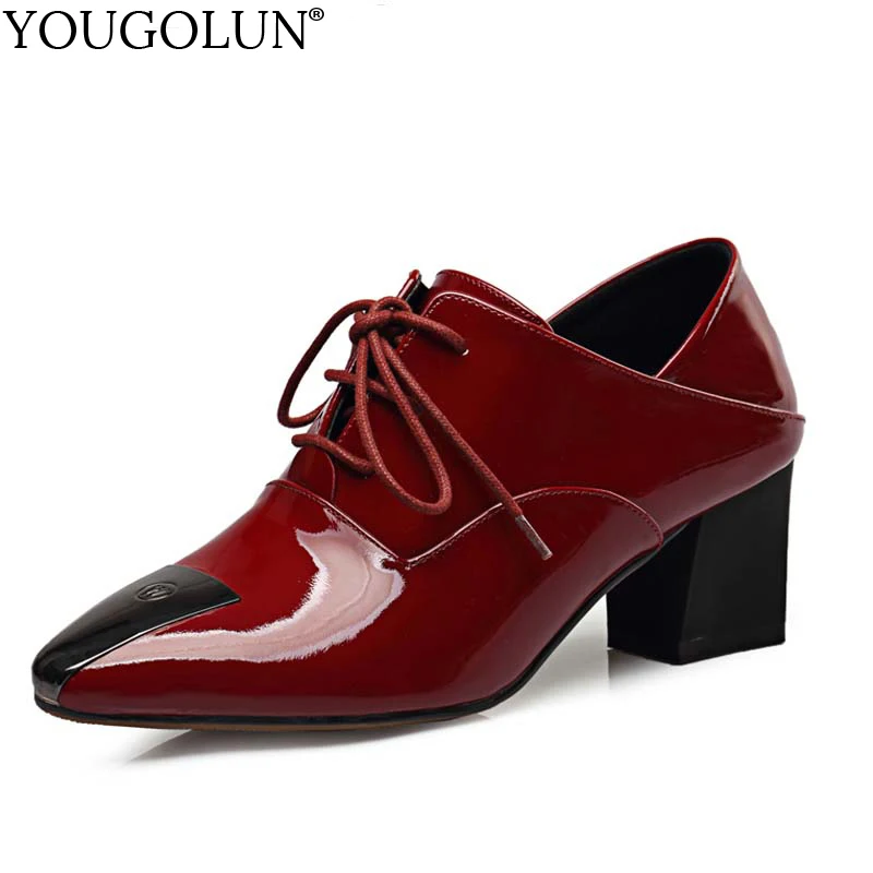 

YOUGOLUN Women Pumps Fashion Genuine Leather Woman Mid Square Heels Ladies Black Wine Red Lace up Pointed toe Party Shoes #A-078