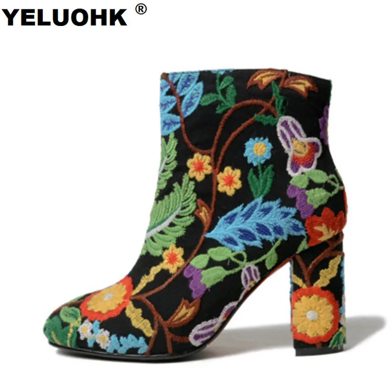 

New Embroider Boots Female Autumn Fashion Ankle Boots For Women High Heels Retro Women Shoes Autumn Women High Boots Flower