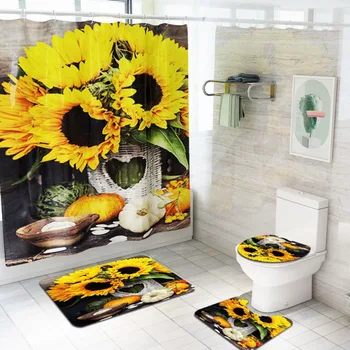 

Household Sunflower Soft Non Slip Bathroom Rug Mats Set 3 Pc Washable Toilet Mat