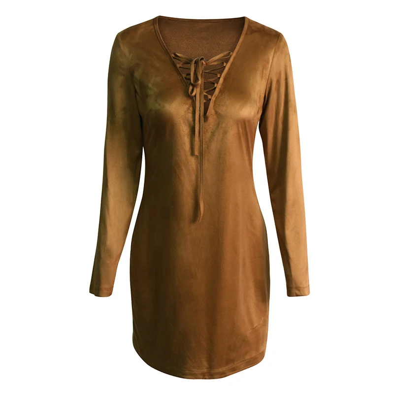 Suede Dress Women 2017 Spring Fashion Long Sleeve Cross String V Neck Mini Dresses Party Club Office Pencil Vestidos De Festa