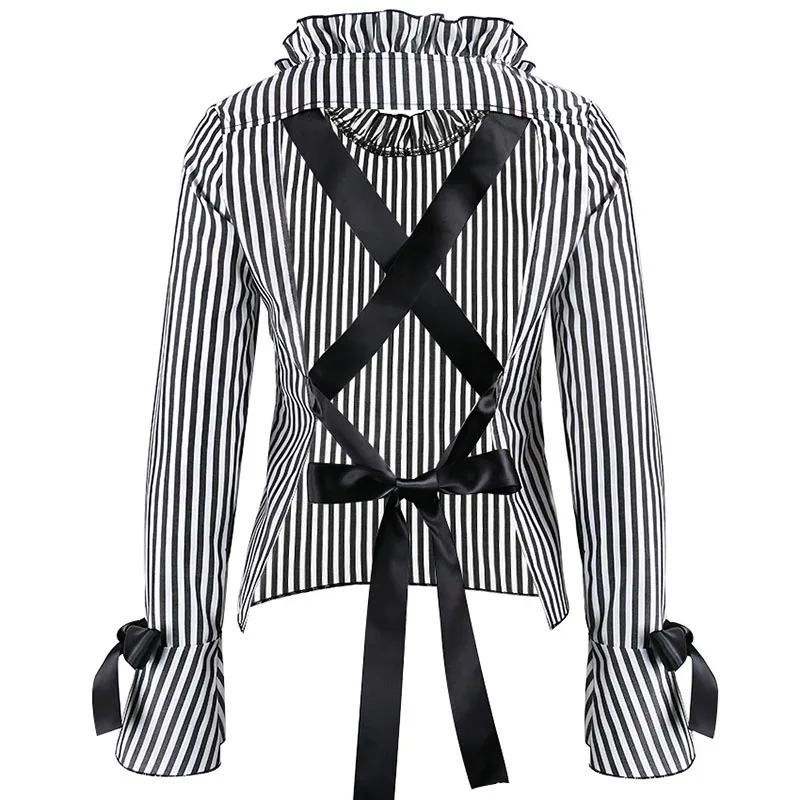 Self Duna Summer Sexy Backless Top Women Striped Shirt Black Loose Long Sleeve Lace Up Female Blouse Shirt Chemise Femme