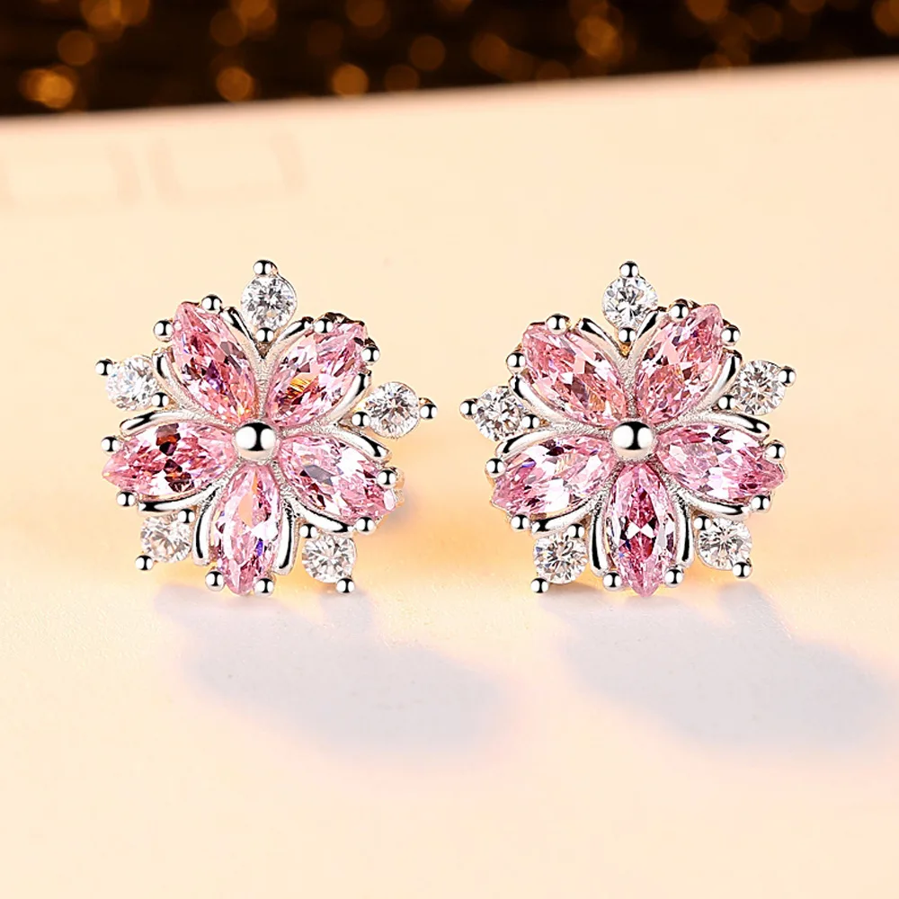 Fashion Flower Shape Zircon Pink Wedding Earrings for Women with Silver Color Crystal Korean Indian Stud Earrings Brincos