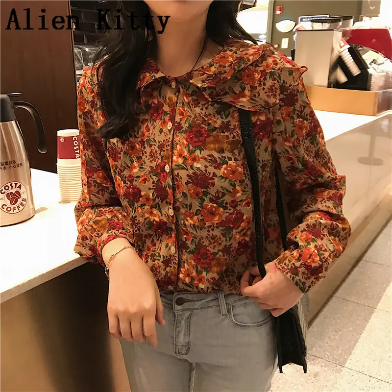 

Alien Kitty Loose Elegant Double-Layers Print Female Single Breasted Spring Ruffles Sweet Simple Fresh Free Casual Chiffon Shirt