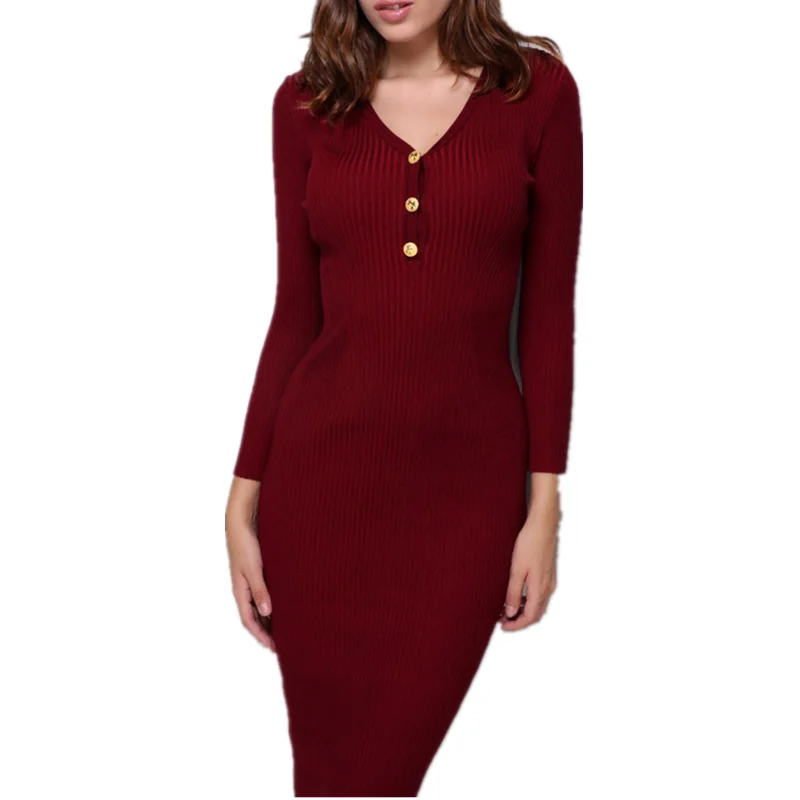 2018 Autumn New Solid Color V-Neck Long Knitted Dress Fashion Quality Long-Sleeved Three Button Streetwear | Женская одежда