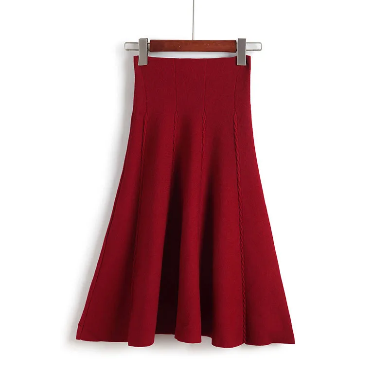 Осенне-зимняя трикотажная юбка для женщин средней длины с высокой талией, трапециевидная вязаная юбка, цельная плиссированная эластичная Плотная юбка