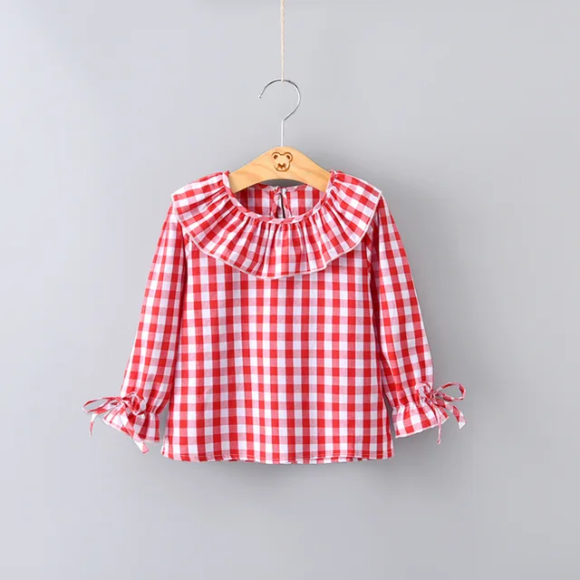 2018 Spring Baby Girls Full Sleeve Blouse Children Plaid Ruffles Collar Shirt Top Kids Flare Sleeve Jumper Girls Clothes