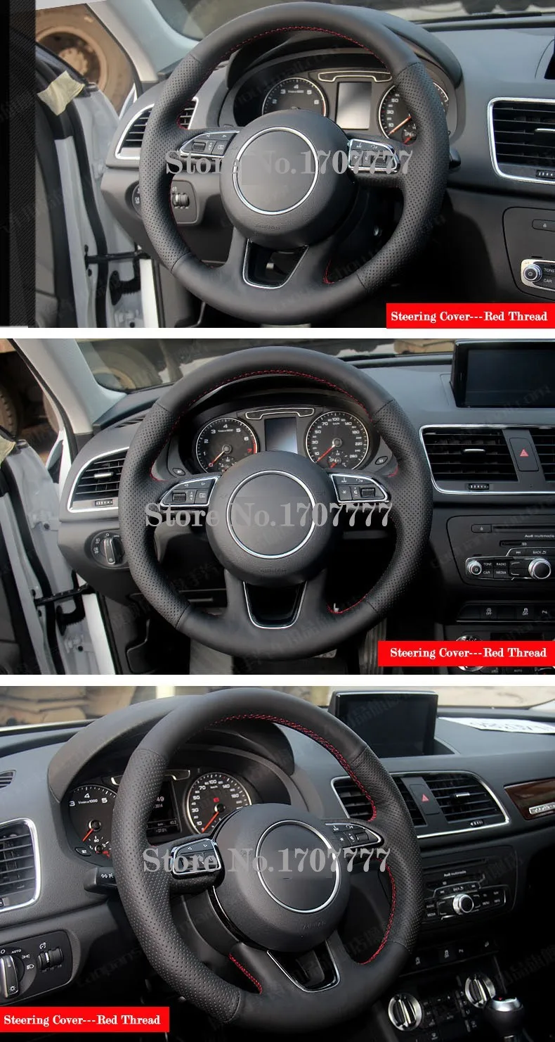 for Audi Q3 Q5 2013 2014 2015 Black Leather Steering Wheel Cover Red Thread
