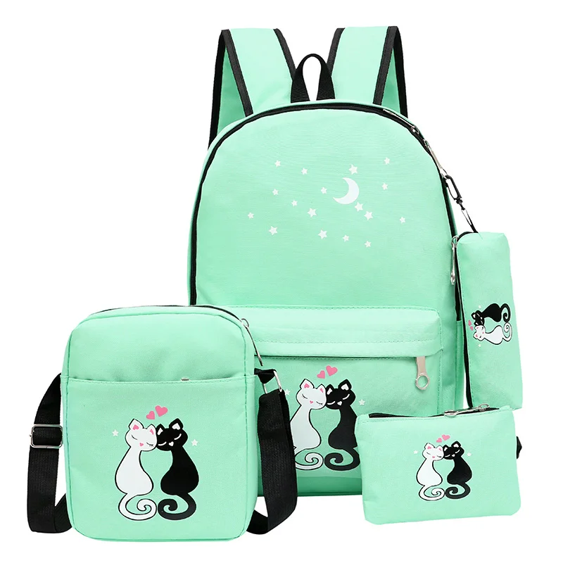 

Women Backpack Schoolbag 4 pcs set lovely Cute Cartoon Cat Print School Bag Backpacks for Teenage Girls Daypack Rucksack Moclila