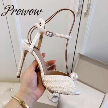 

Prowow Quality Genuine Leather Buckle Strap HIgh Heel Sandals Open Toe Pear Beading Summer Sandals Wedding Sandals Shoes Women