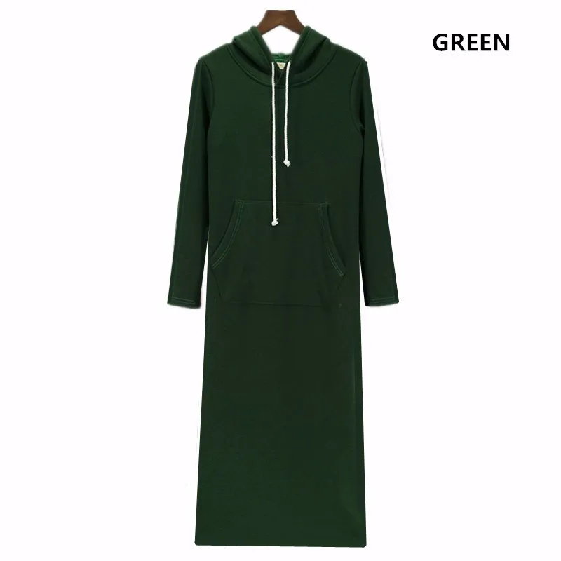 Повседневные женские осенне-зимние флисовые толстовки с капюшоном размера плюс XS-5XL/6XL, толстовка с карманом, платье с длинным рукавом, теплые платья черного/серого цвета - Цвет: Зеленый