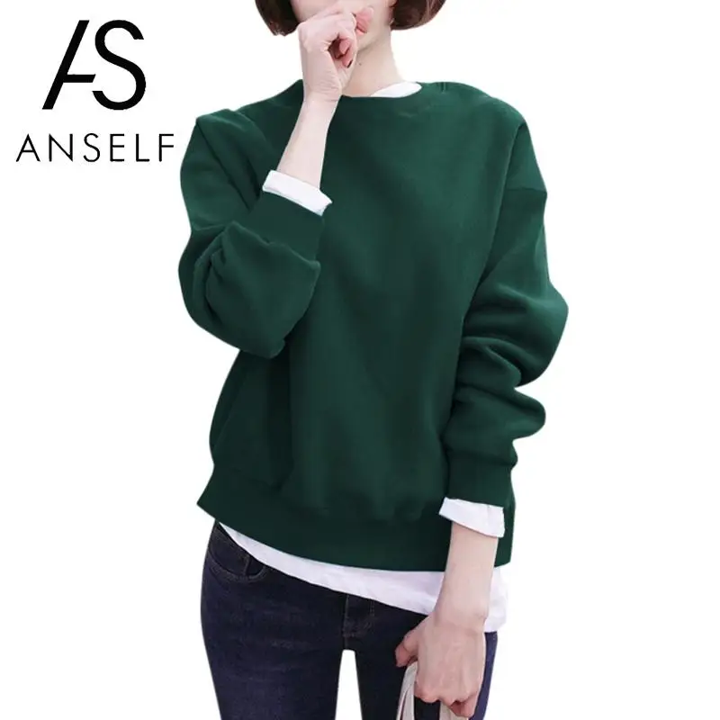 Korean Fashion Sweatshirt Women Loose Solid Jumpers Dropped Shoulder Long Sleeves tunics 