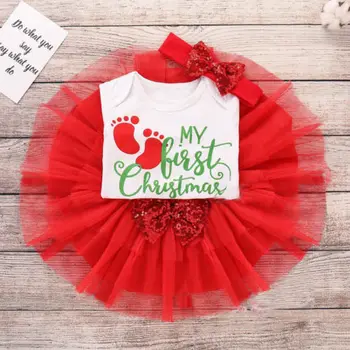 

Newborn Baby Girl My First Christmas Tops Romper Skirt Headband Clothes Outfits