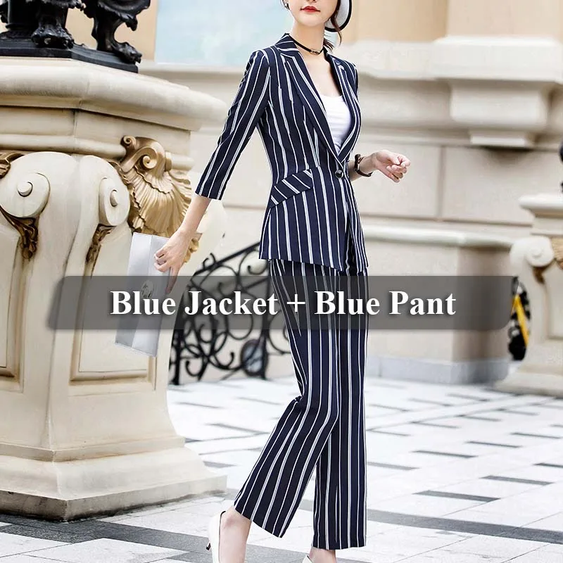 Blue Pant Suits Lenshin, комплект из 2 предметов, деловой костюм с полосатыми штанами, Офисная форма, дизайн для женщин, деловые костюмы, одежда для работы - Цвет: Blue Pant Suits