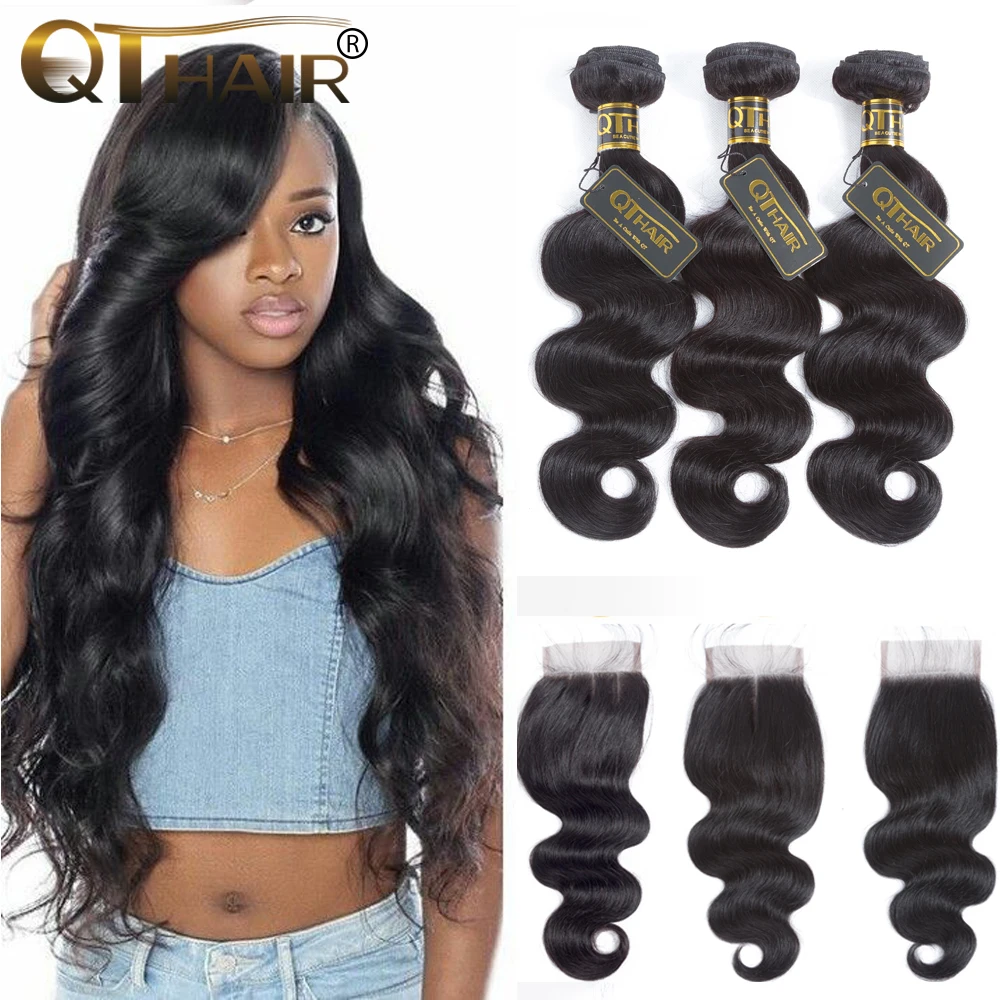 online Pacotes Com Fecho de Onda do corpo do Weave Brasileiro Do Cabelo Pacotes Com Fecho de 100% Feixes de Cabelo Humano Com Fechamento QT Extensões de Cabelo
