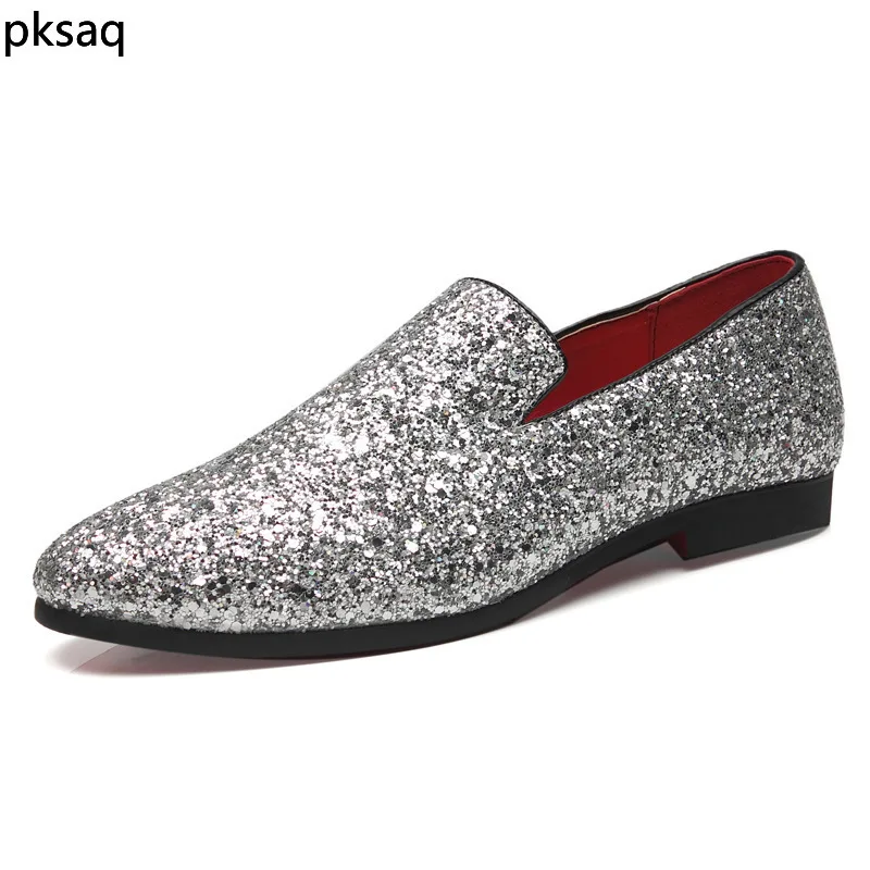

Men Point toe Leather Shoes Sequined Men's Shoes Wedding Dress Shoes Formal flat Shiny fashion boat shoes big size 38-48