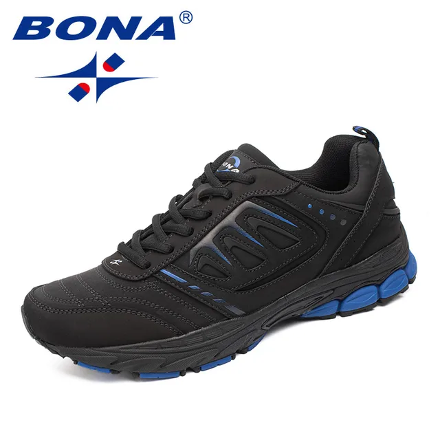 BONA New Style Men Running Shoes Ourdoor Jogging Trekking Sneakers Lace Up Athletic Shoes Comfortable Light Soft Free Shipping BLACK BLUE