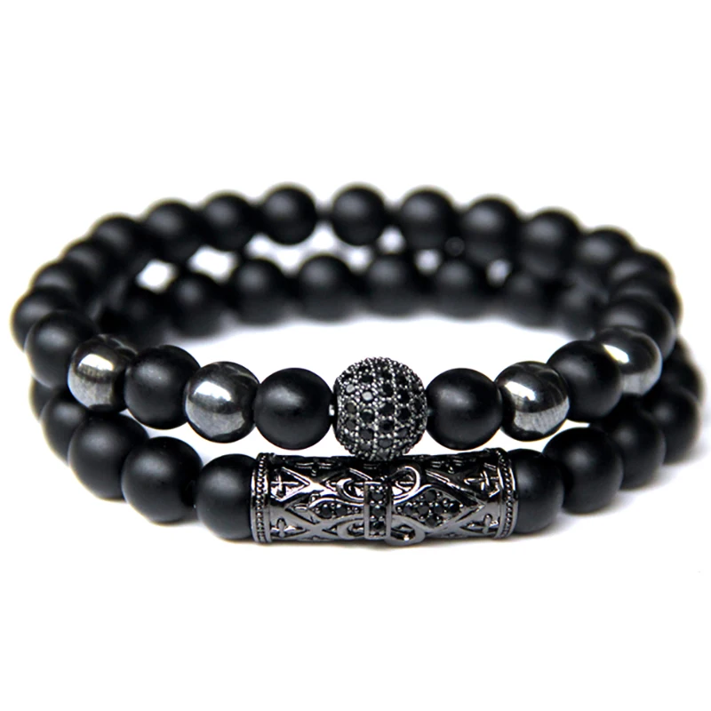 

2pcs/Set Matte Black Natural Stone Bracelet 8mm Elastic Rope Bead Hematite Bracelet Fashion Men Women Pave CZ Ball Charm Jewelry