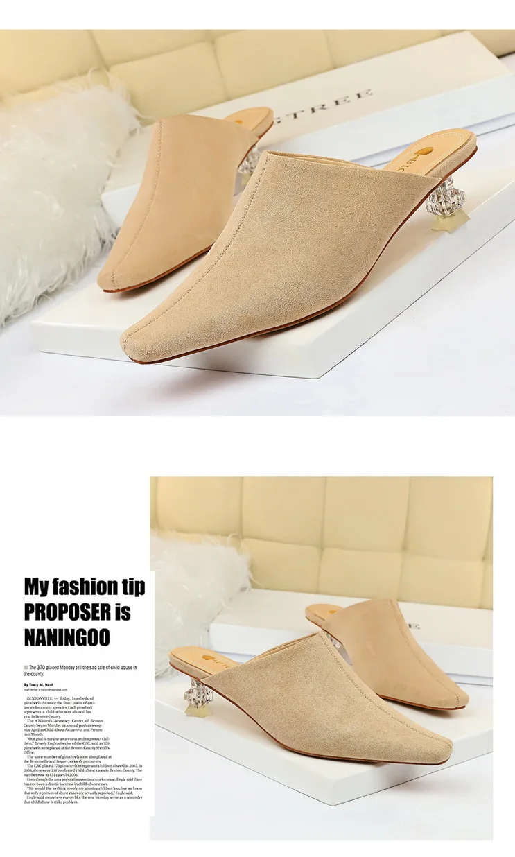 BIGTREE Fashion baotou slippers transparent crystal with high with suede side deep mouth square head versatile women's slippers