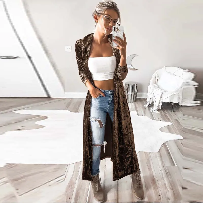 New  2020Autumn Women Open Front Long Sleeve Velvet Coat Spring Lapel Neck Slim Windbreaker Sexy Party M
