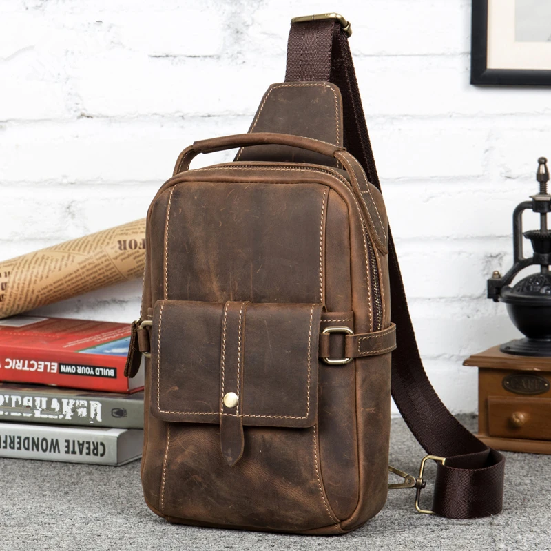 

Brand Vintage Chest Bag Genuine Cow Leather Men Versatile Unbalance Shoulder Crossbody Bag Cool Sling Chest Bags Simple Bolsos