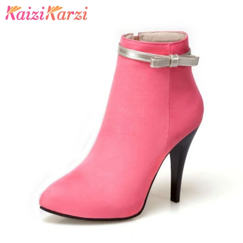 

KaiziKarzi Size 31-50 4 Colors Women High Heel Ankle Boots Zipper Bowtie Thin Heels Sweet Candy Color Ladies Shoes Club Footwear