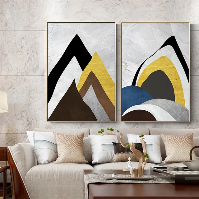 Abstract Gold Mountain View Bright Color Blocks Landscape Poster 3