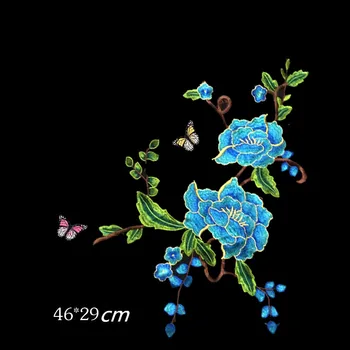 

3D Blue Lace Patch Fabric Peony Applique Computer Embroidered Flowers Stage Clothes Diy Accessories RS935