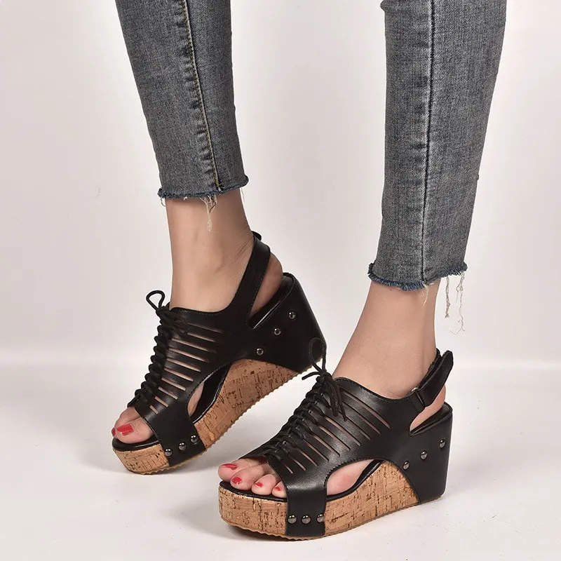 

EOEODOIT Summer Wedges Heel Sandals Lace Up High Heel Height Increasing Plus Size Women Platform Pumps Elevator Shoes Open Toe