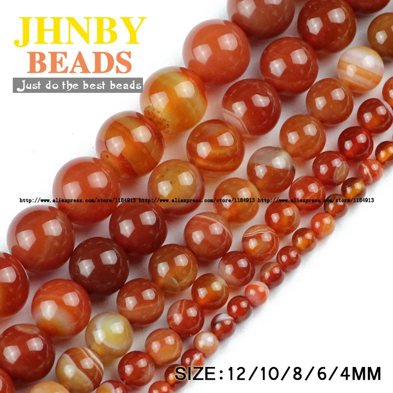 

JHNBY Red Stripe banded carnelian beads Natural Stone Onyx 4/6/8/10/12MM Round Loose beads ball for jewelry making bracelet DIY