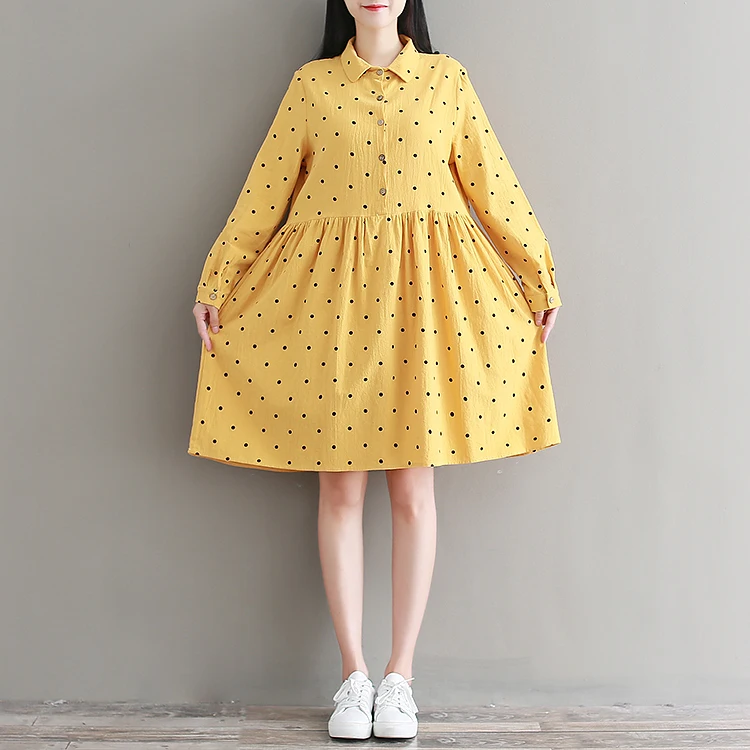 

Autumn spring long sleeve cotton linen cute dress new fashion pink yellow polka dot print dress