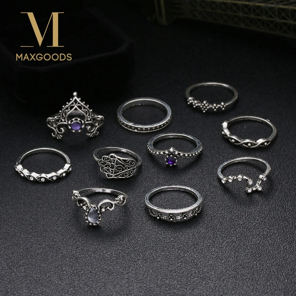 

10 Pcs/set Bohemian VintageRing Set Charm Beach Hollow Geometric Fatima Hand Ring Set Jewelry Gifts Wholesale