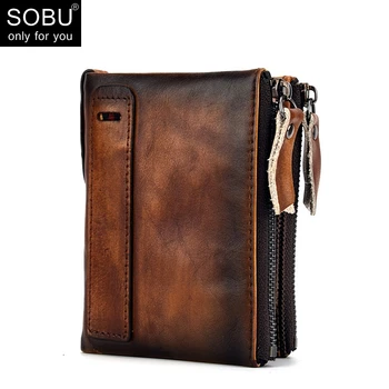 

Genuine Leather Men Wallet Crazy Horse Short With Coin Purse Small Vintage Wallets Zipper Men Cow Leather Brand Male Wallet N099