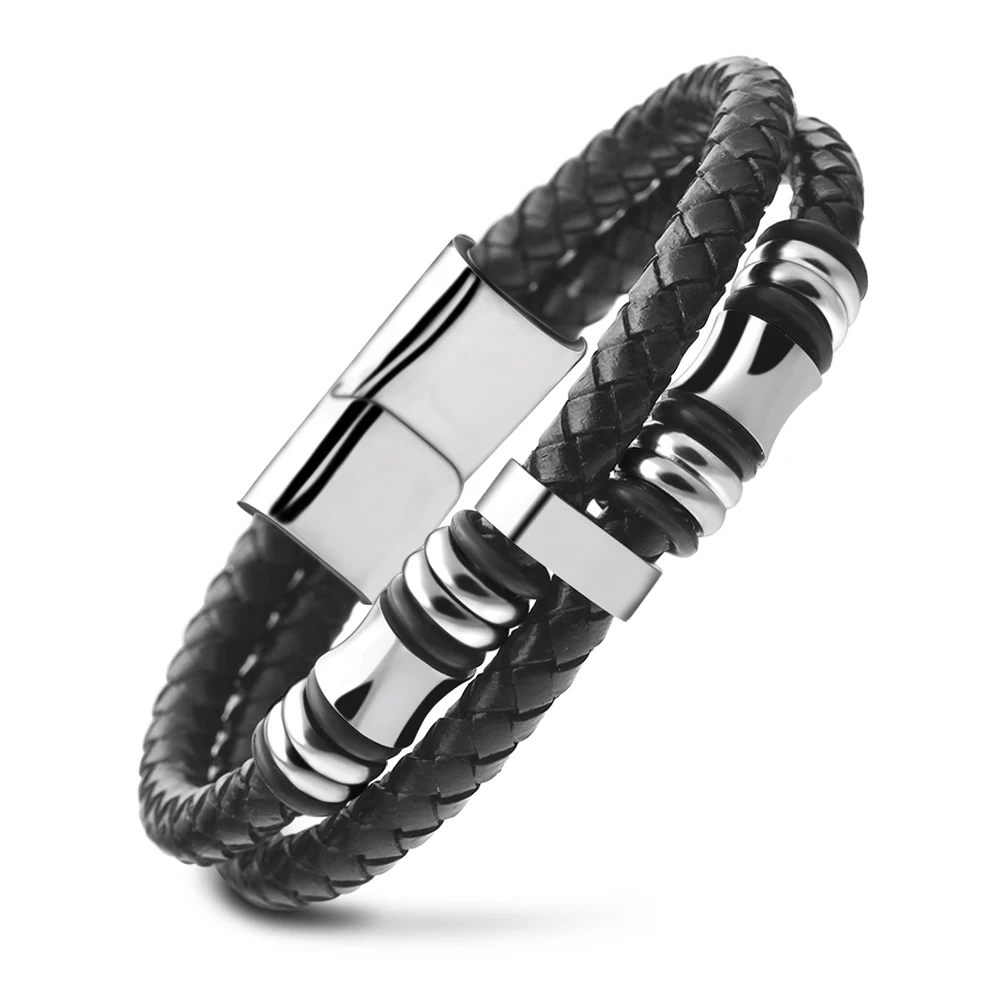 Black Double Layer Braided Genuine Leather Stainless Steel Men