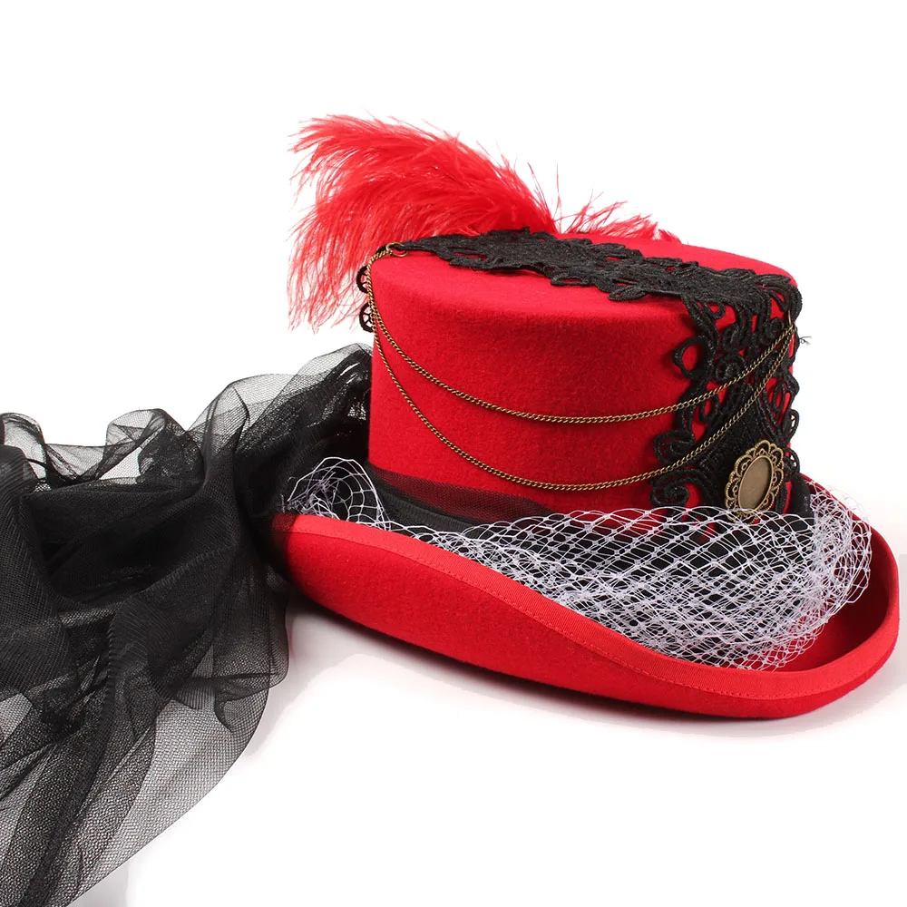 Red Wol Wanita Steampunk Fedora Hat 