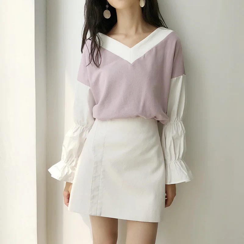 2019 Explosion models V-neck placket sleeves lazy loose wild stitching solid color long | Женская одежда