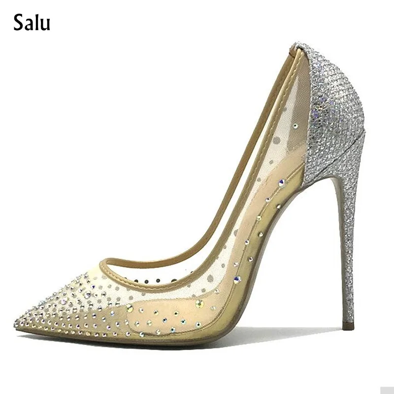 

Salu New Sexy Pointed Toe Mesh Pumps Crystal Glitter Fashion Nude Black Shoes High Heels 8cm 12cm Party Wedding Shoes Woman