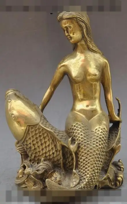 

S00543 8"Chinese brass West Art Fish Sexy Mermaid Girl Women Belle Statue Sculpture (B0413)