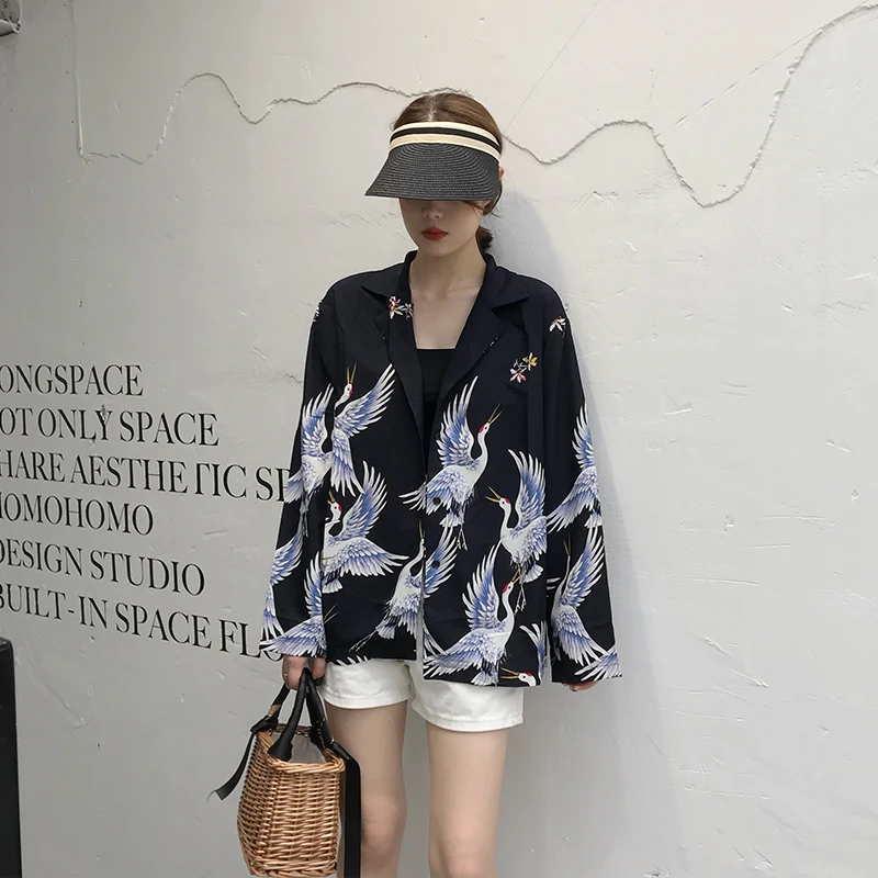 Винтажное женское кимоно Harajuku шикарный жакет журавль Новинка осени 2018 кардиган в