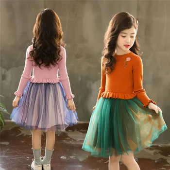 

MrY Spring and Autumn New Girls Korean Embroidery Mesh and Velvet Sweater Dress Sweet Cute Plus Velvet Sweater Dress Big Children