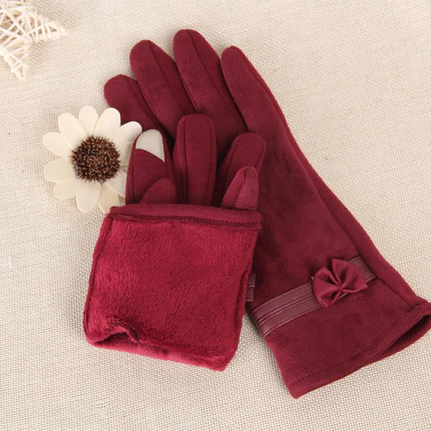 1 пара, женские перчатки, Осенние, зимние, замшевые, теплые, полный палец, варежки, элегантные, для девушек, перчатка с бантом, Luvas De Inverno# BF
