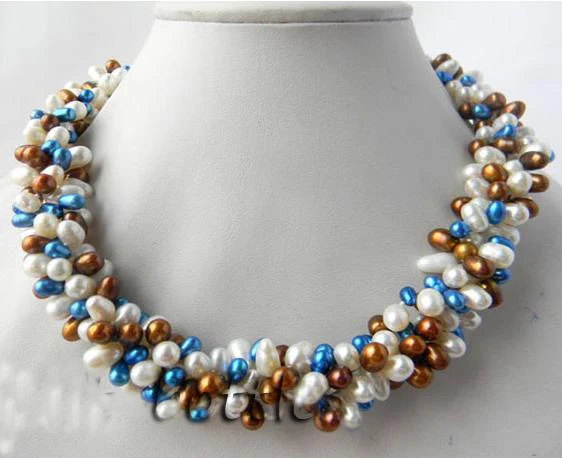 

Handmade Pearl Jewellery ,4 Strands White Coffee Blue Baroque Freshwater Pearl Necklace,5-7mm Multicolor Real Pearl.