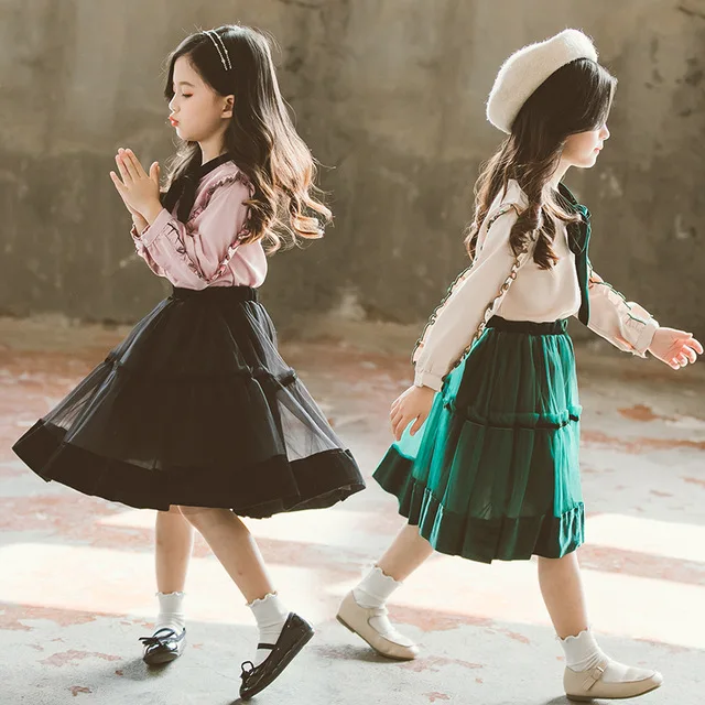 

Girls Clothes Sets Spring Long Lace Sleeve Tie T-shirt +Chiffon Skirt 2pc Suits Princess Clothes Sets Tracksuit Girls Clothing